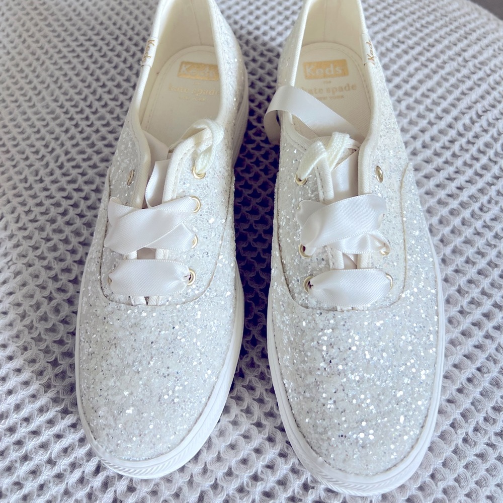 Kate Spade Glitter Dipped Canvas Ked Sneakers with Ribbon Laces, Cream Color